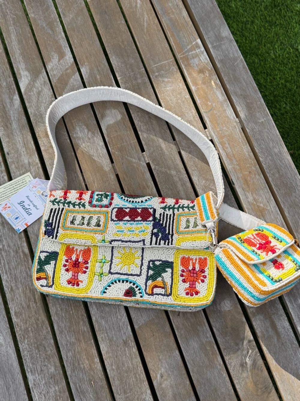 Colorful Lobster Themed Beaded Shoulder Bag with Coin Pouch